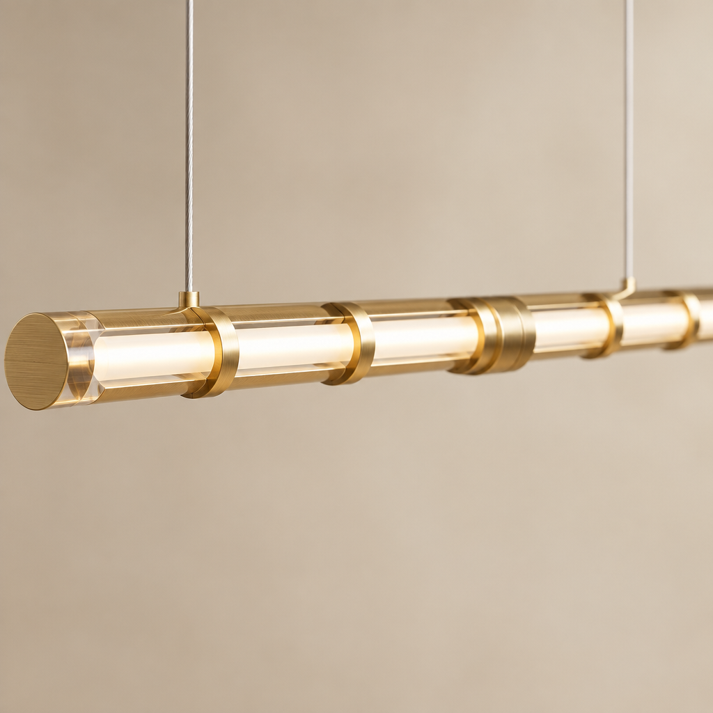 Cawston Linear Pendant Light – close-up of the brushed brass bar