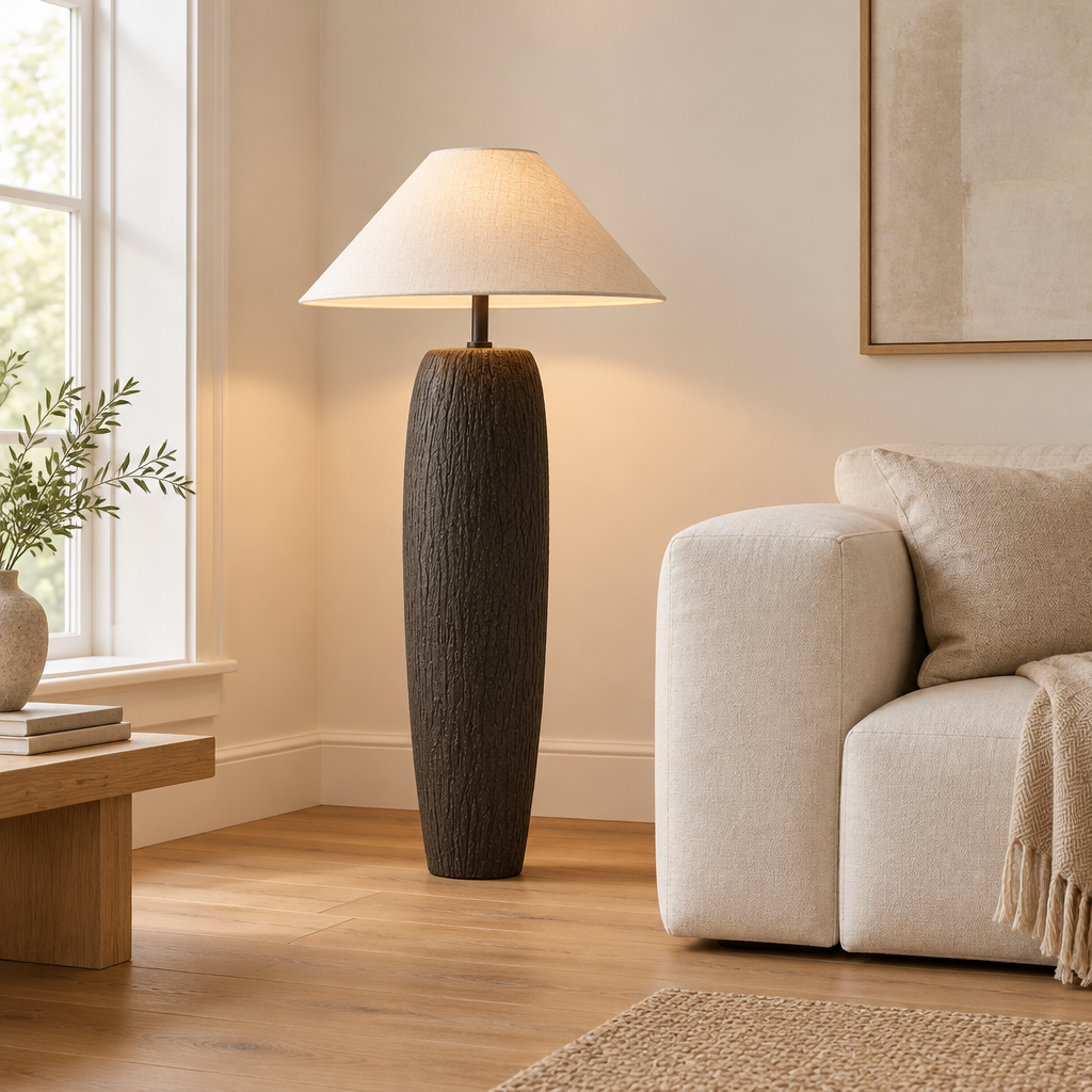Chalfont Ceramic Floor Lamp – beside a linen sofa