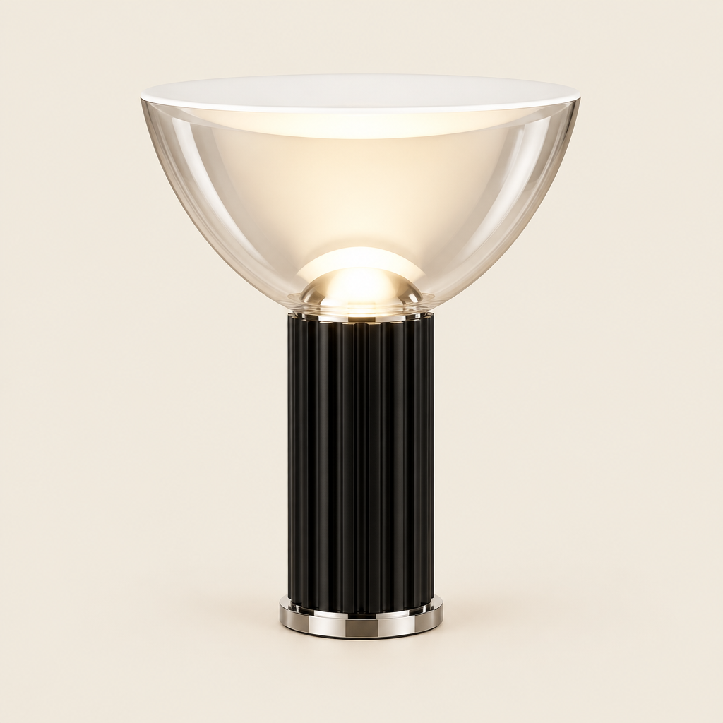 Chew Glass Bowl Table Lamp – studio photo, lit, on a cream background