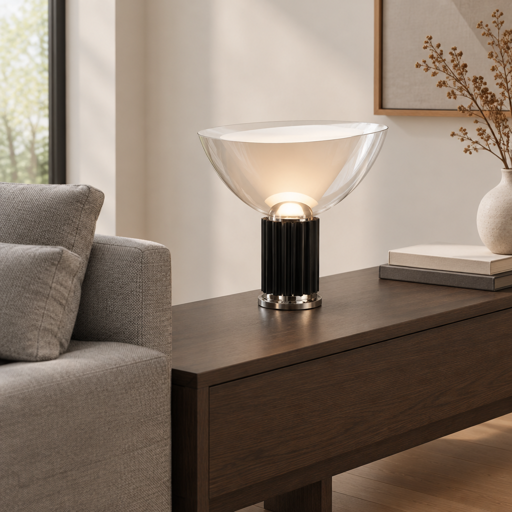 Chew Glass Bowl Table Lamp – on a console beside a sofa