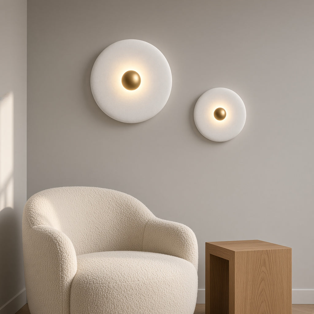 Clun Halo Disc Wall Light – two discs above an armchair