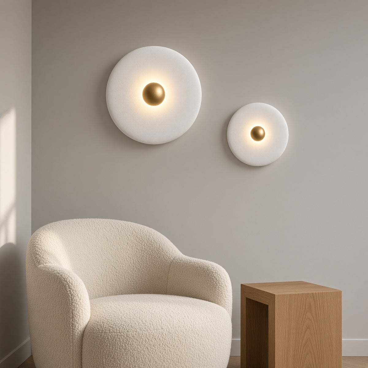 Clun Halo Disc Wall Light – two discs above an armchair