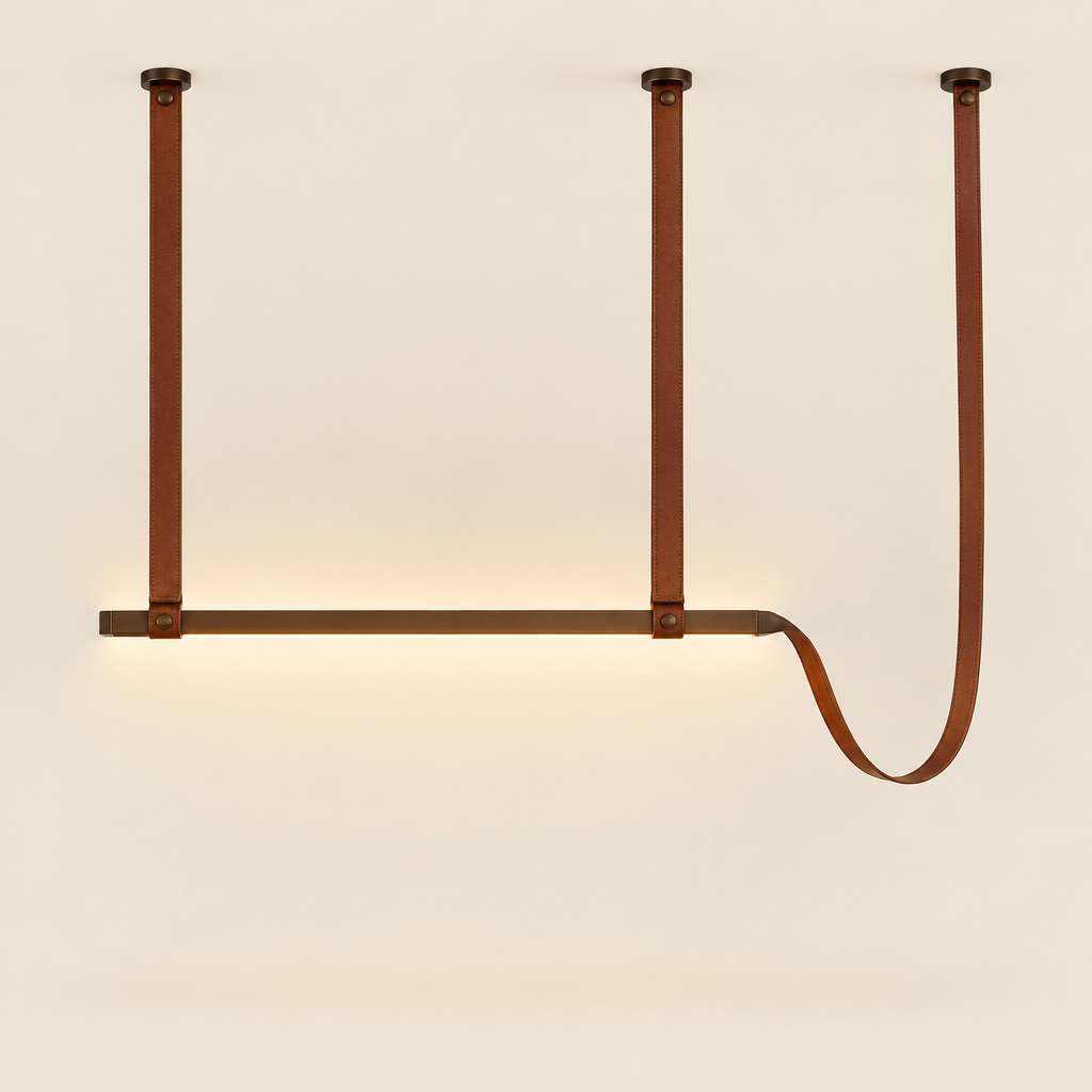 Combe Leather Strap Linear Pendant Light – switched on, studio view
