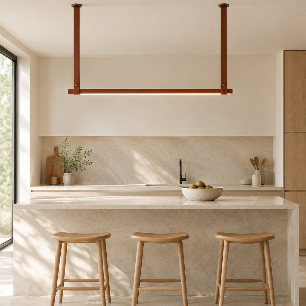 Combe Leather Strap Linear Pendant Light – above a kitchen island