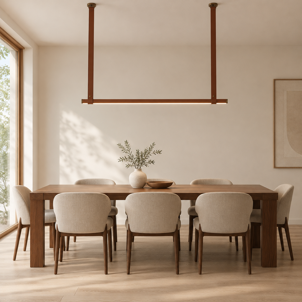 Combe Leather Strap Linear Pendant Light – above a long dining table