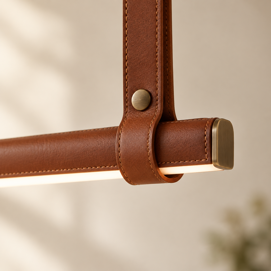 Combe Leather Strap Linear Pendant Light – close-up of the leather strap detail