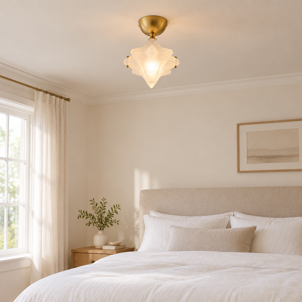 Compton Frosted Star Ceiling Light – on a bedroom ceiling