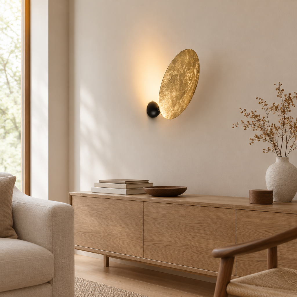 Coombe Gold Disc Wall Light – above a console in a living room