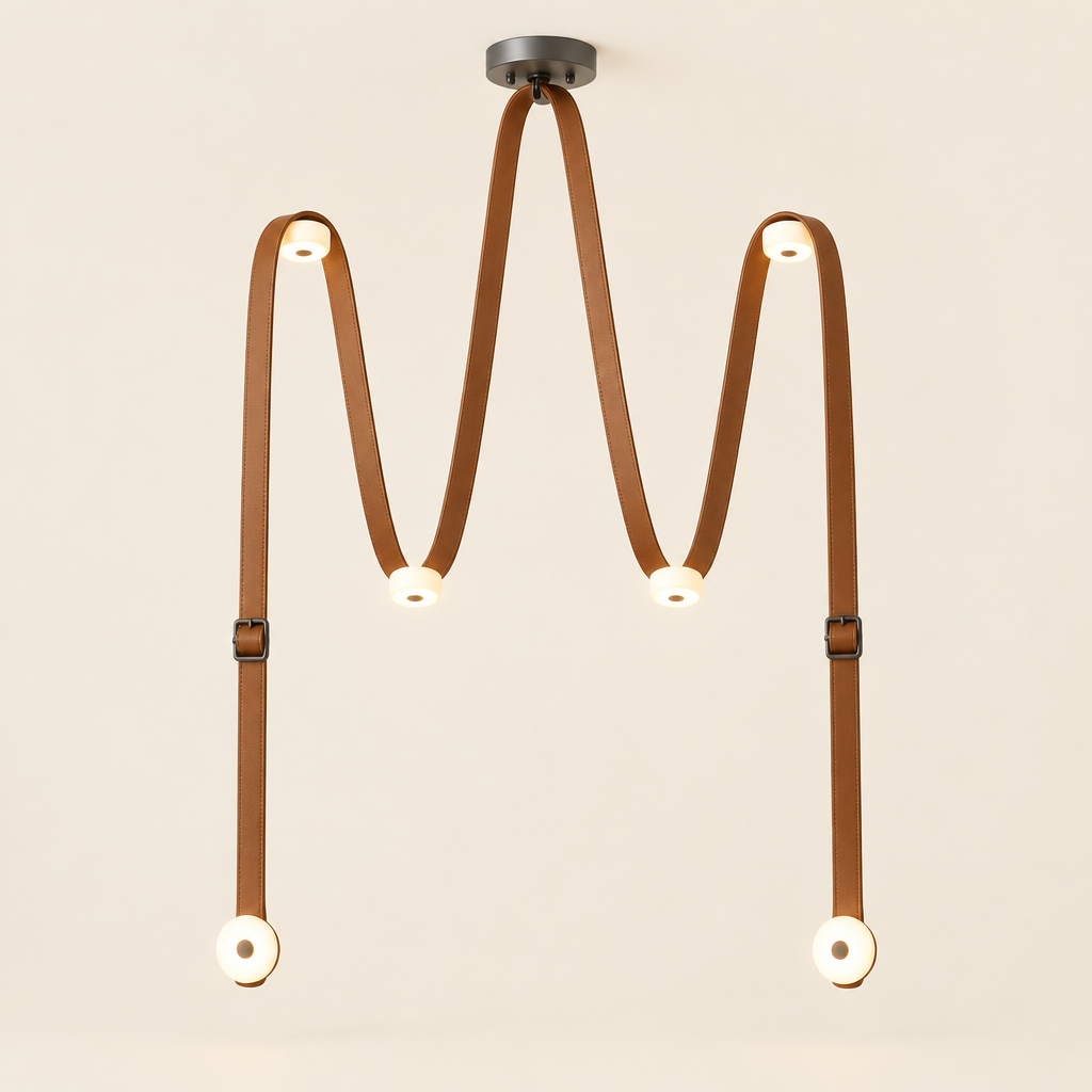 Darley Leather Pendant Light – switched on, studio view