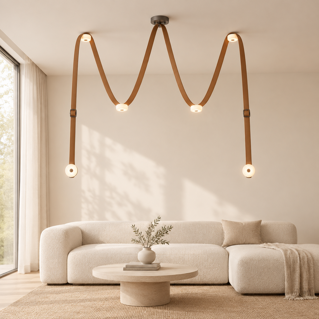 Darley Leather Pendant Light – above a sofa in a living room