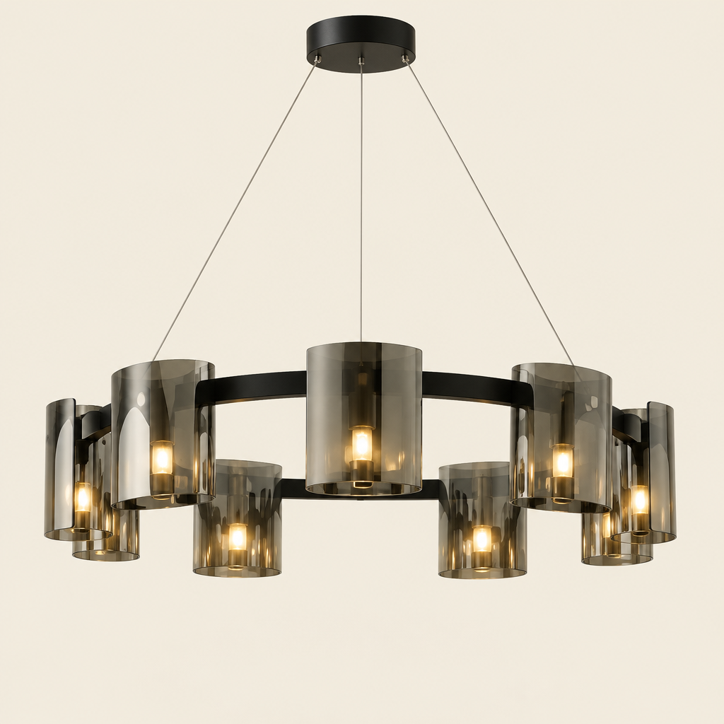 Derwent Smoked Glass Ring Chandelier – switched on, studio view