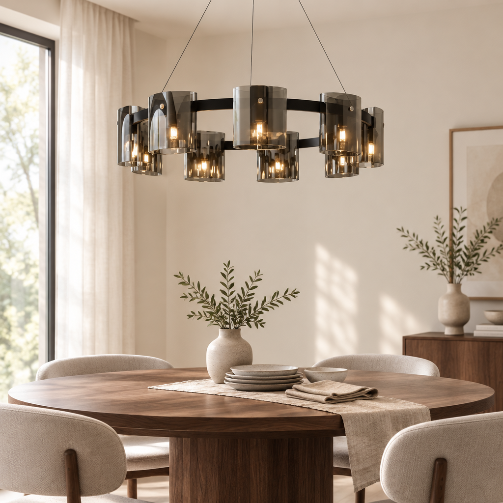 Derwent Smoked Glass Ring Chandelier – above a dining table