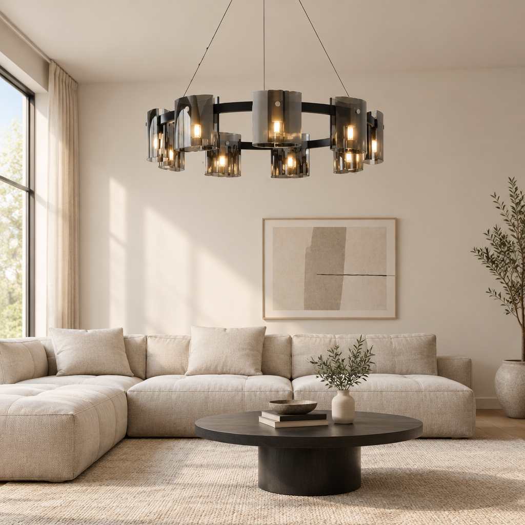 Derwent Smoked Glass Ring Chandelier – in a living room