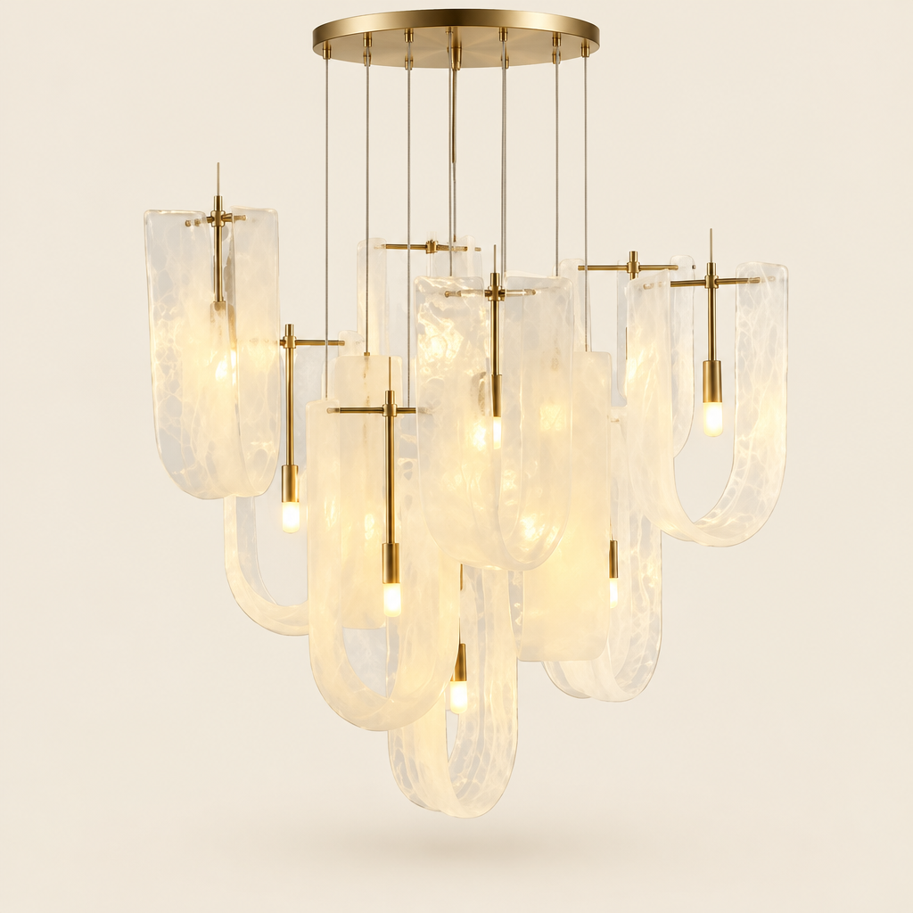 Dorney Cloud Glass Chandelier – switched on, studio view