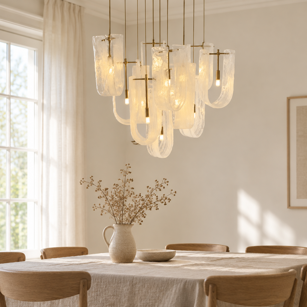 Dorney Cloud Glass Chandelier – above a dining table
