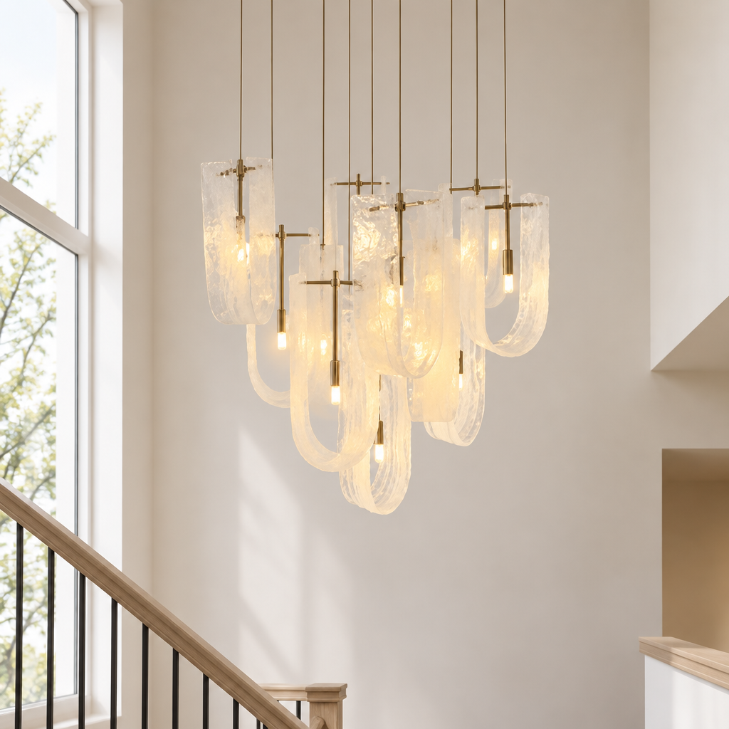 Dorney Cloud Glass Chandelier – in a stairwell
