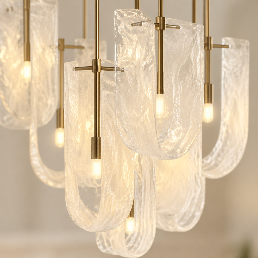 Dorney Cloud Glass Chandelier – close-up of the cloud glass and brass rod
