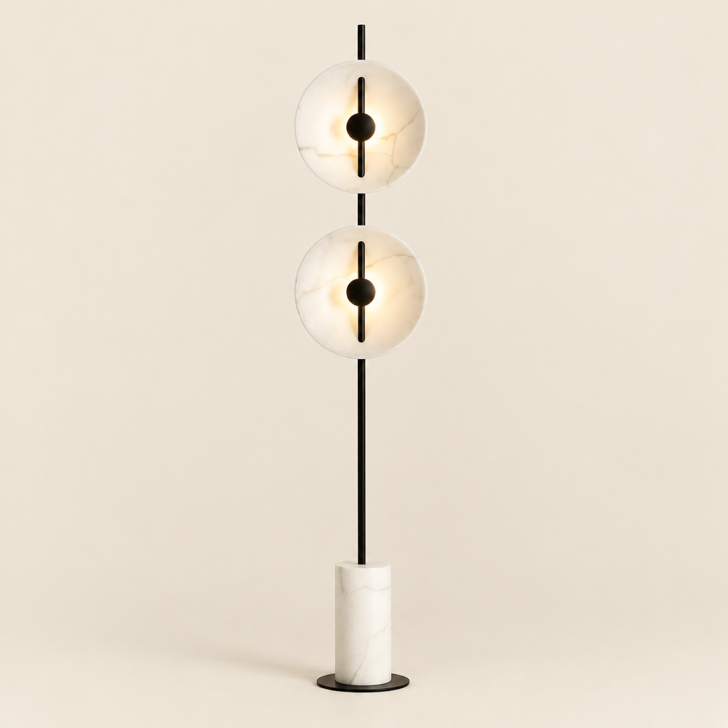 Dunster Twin Disc Floor Lamp – switched on, studio view