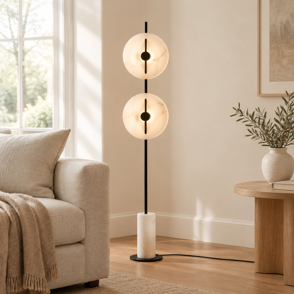 Dunster Twin Disc Floor Lamp – beside a sofa