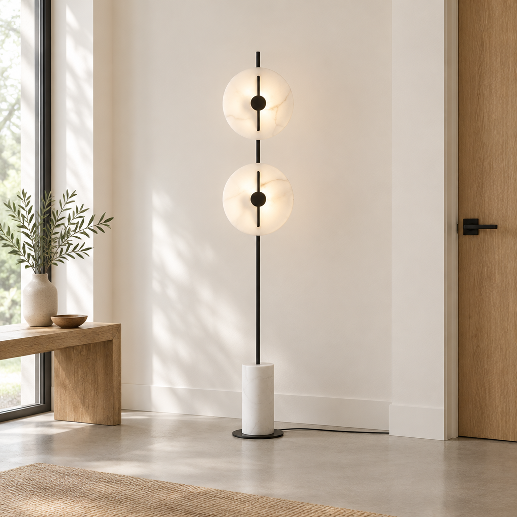 Dunster Twin Disc Floor Lamp – in an entrance hall