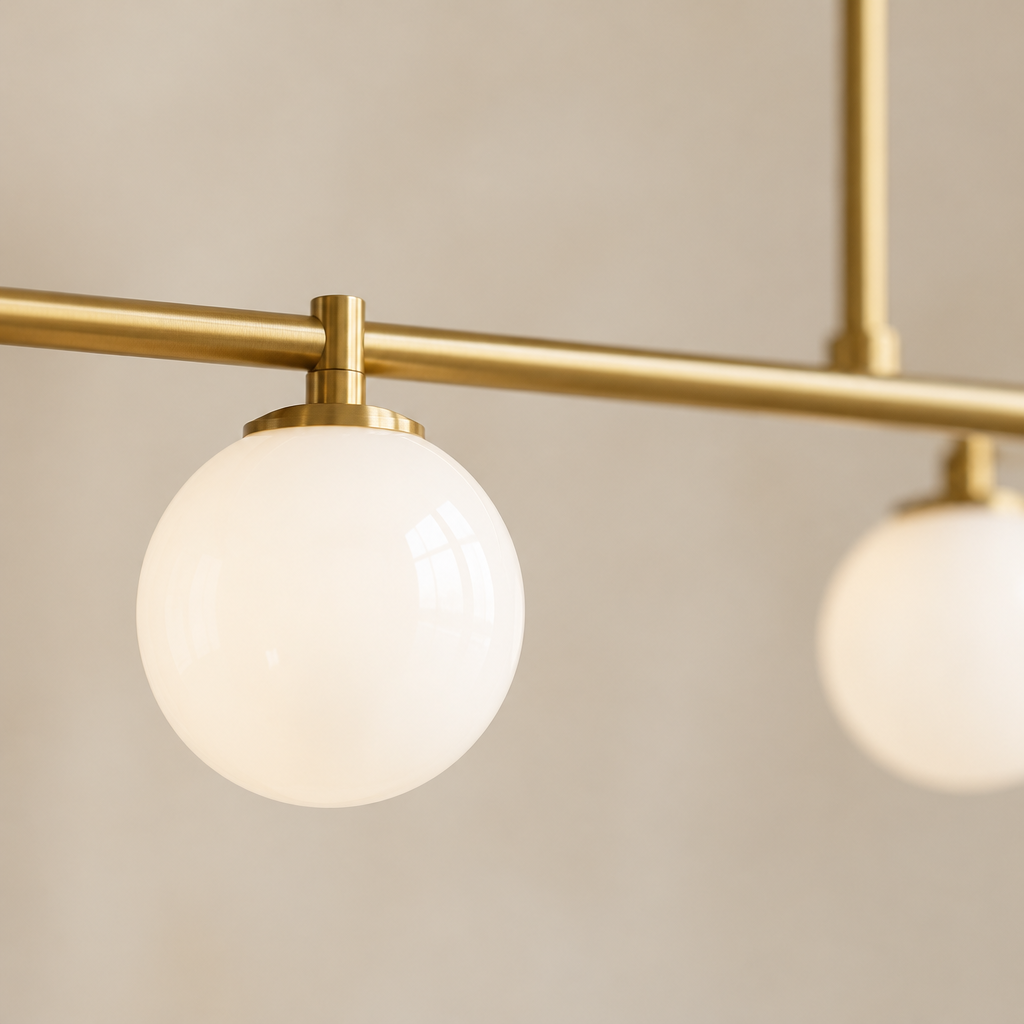 Easton Opal Glass Pendant Light – close-up of an opal glass globe on its gold rod