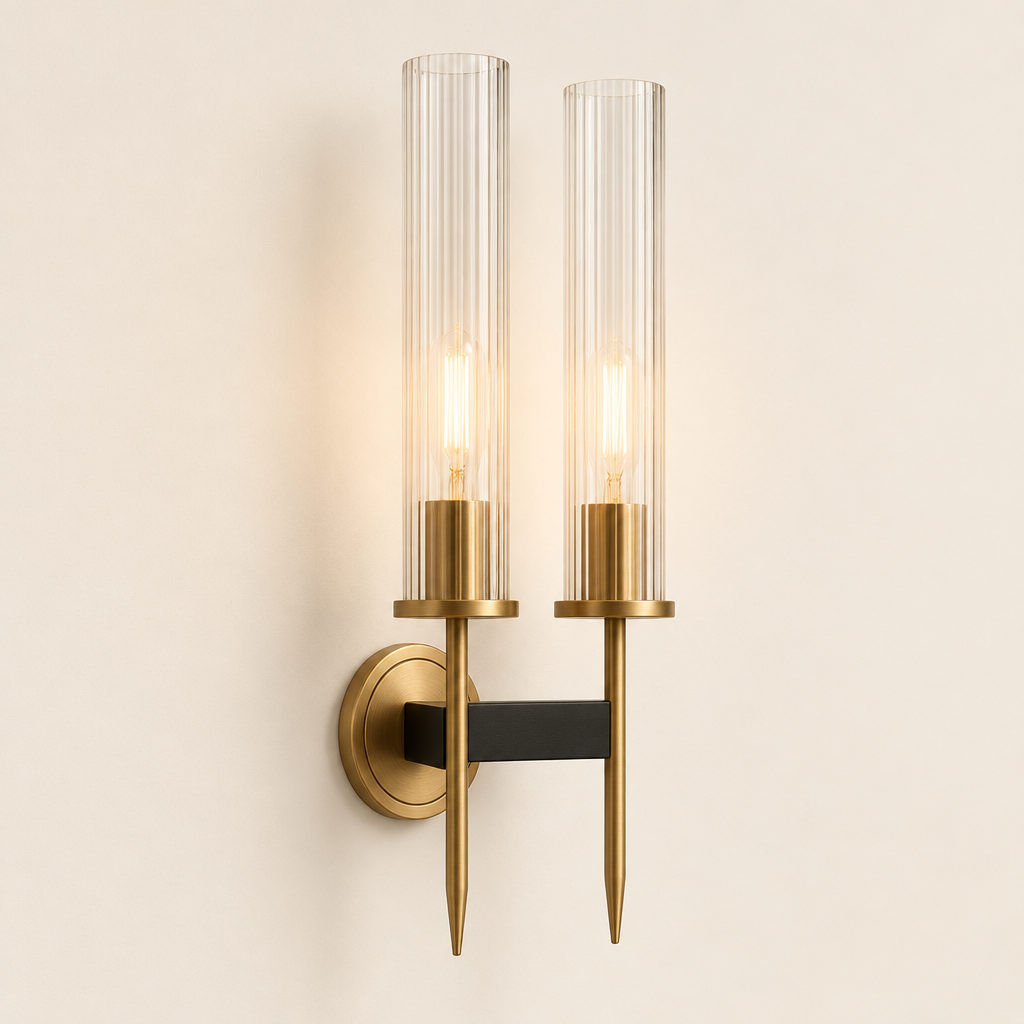 Edale Reeded Glass Wall Light – switched on, studio view