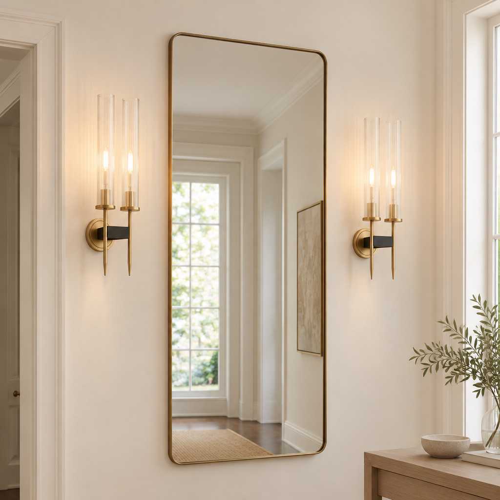 Edale Reeded Glass Wall Light – a pair flanking a hallway mirror