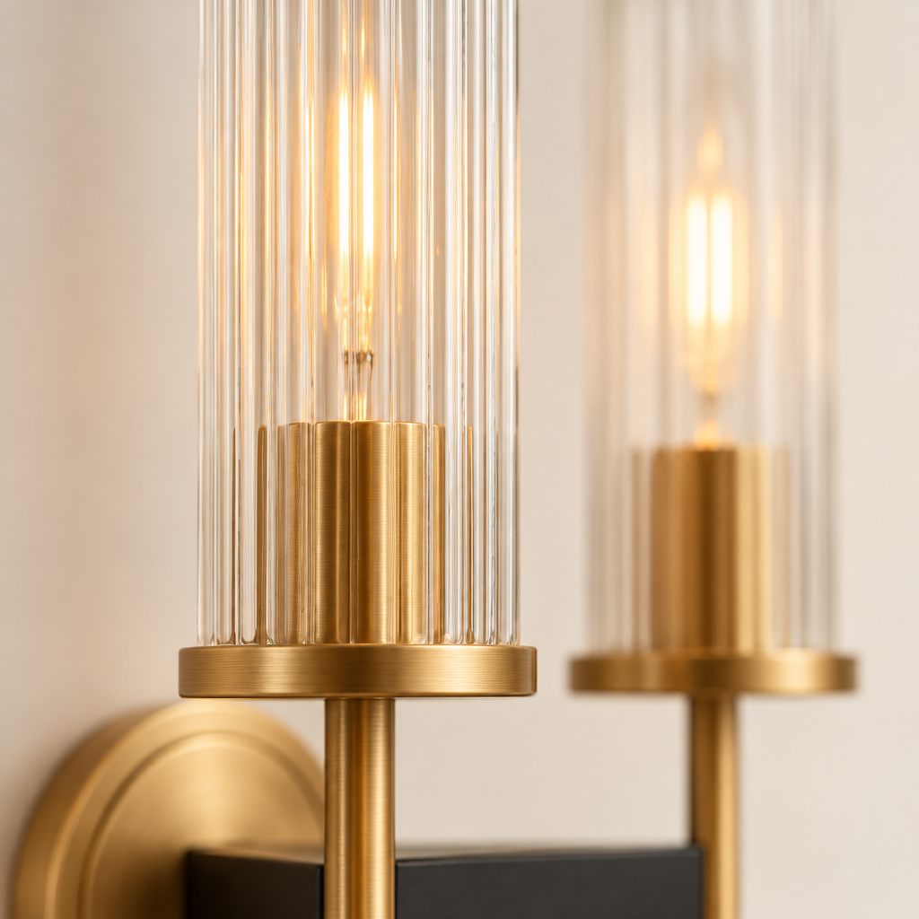 Edale Reeded Glass Wall Light – close-up of the reeded glass and gold holder