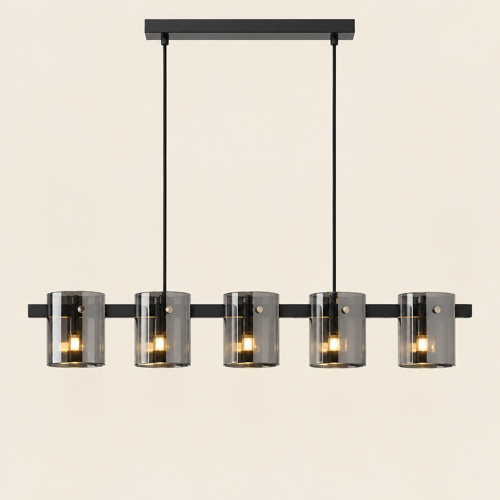 Esher Smoked Glass Linear Pendant Light – switched on, studio view