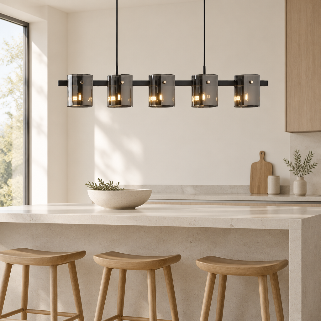 Esher Smoked Glass Linear Pendant Light – above a kitchen island
