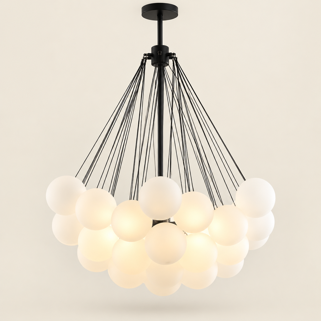 Exe Opal Bubble Chandelier – switched on, studio view