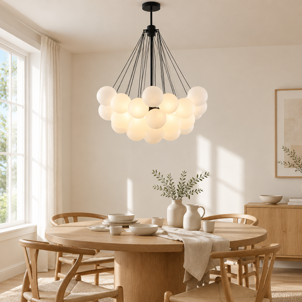 Exe Opal Bubble Chandelier – above a dining table