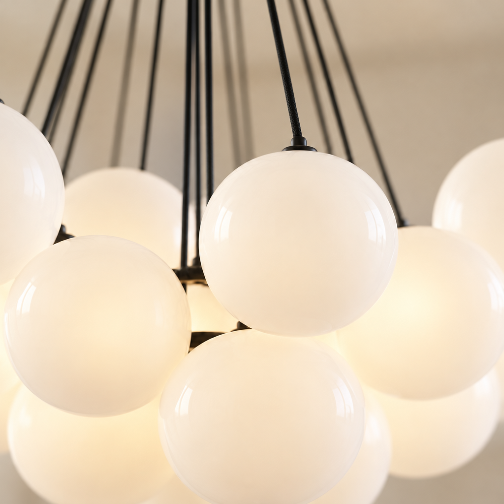 Exe Opal Bubble Chandelier – close-up of the opal glass globes