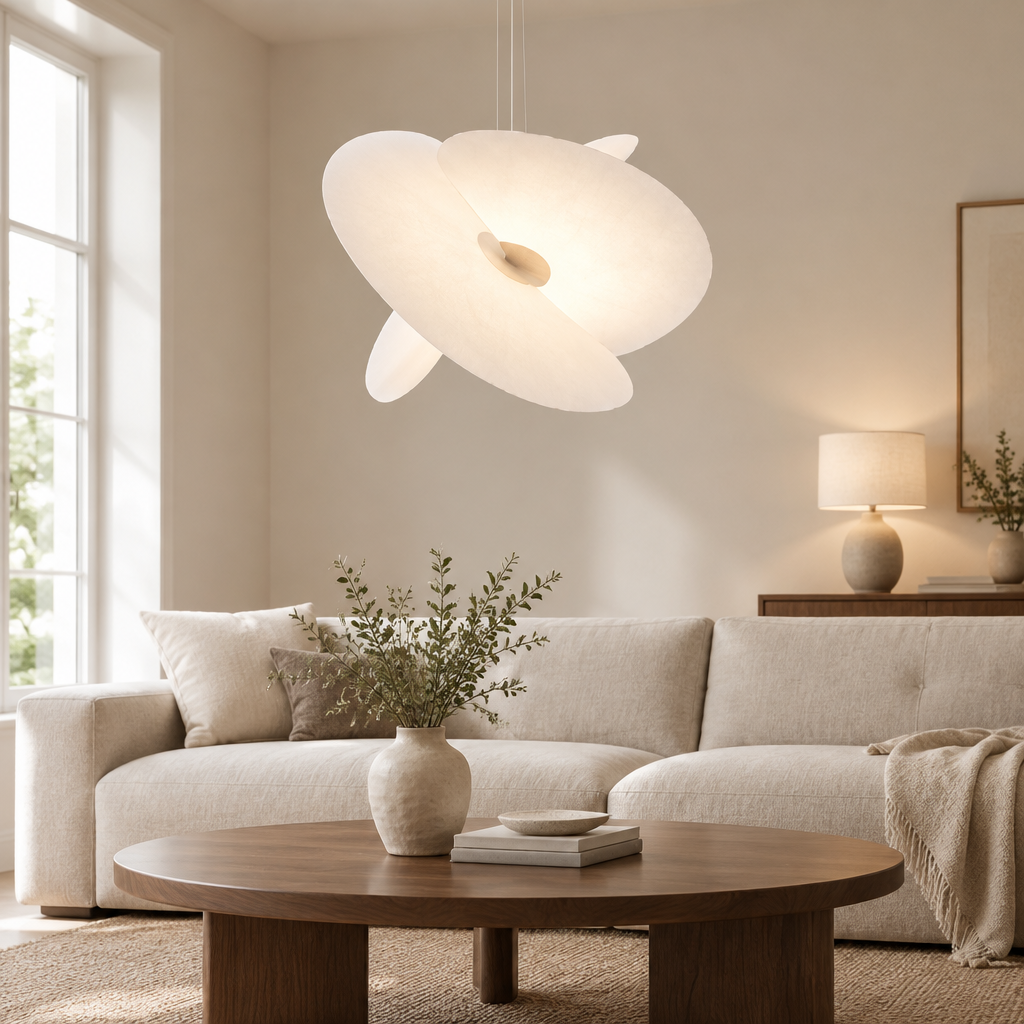 Exmoor Silk Pendant Light – above a coffee table in a living room