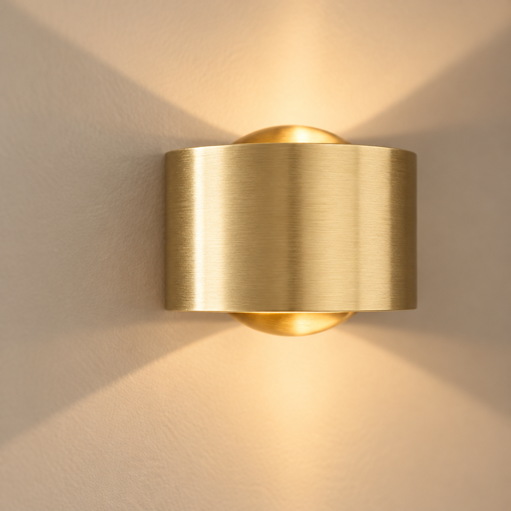 Exton Up-Down Wall Light – close-up of the gold cylinder and light fan
