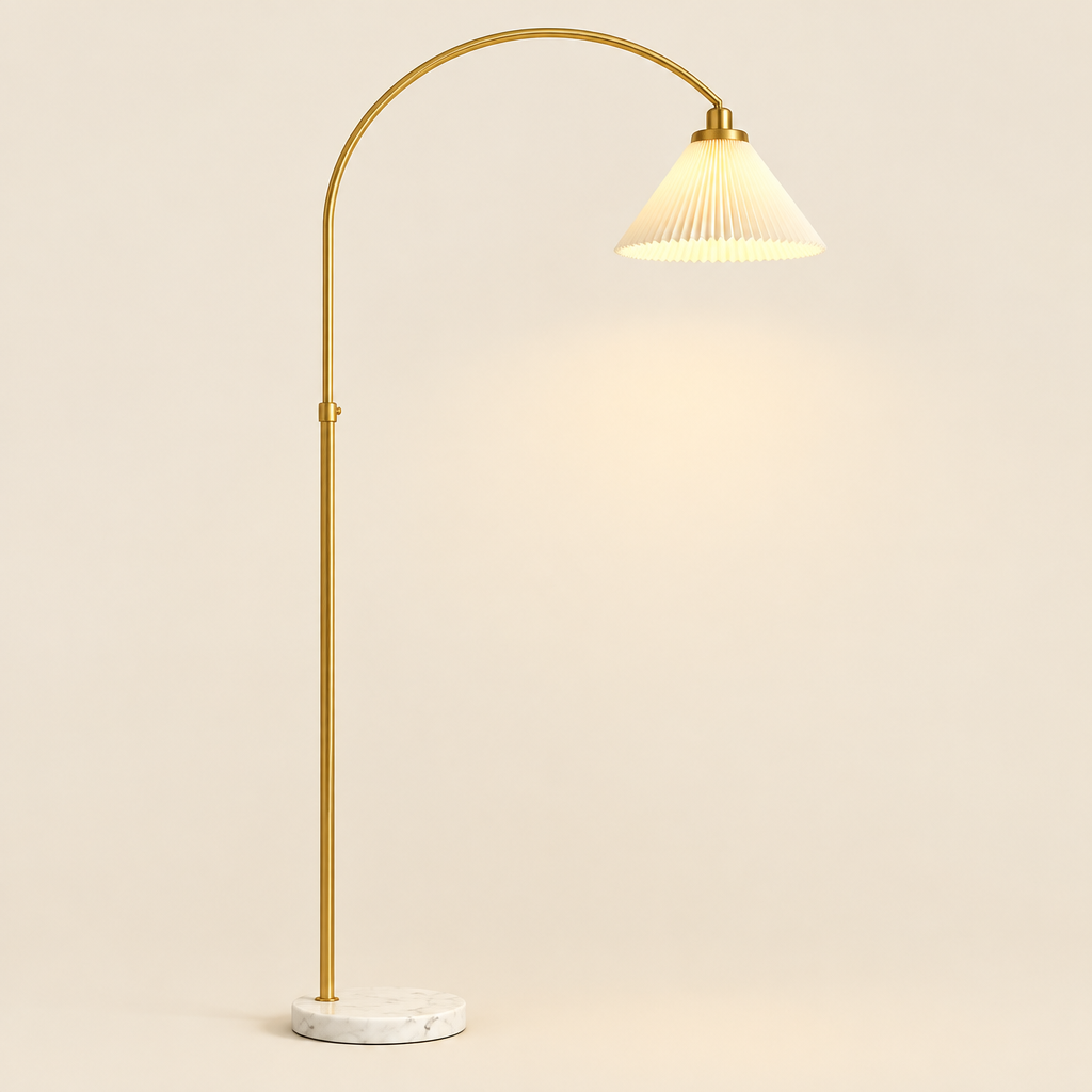 Fairford Pleated Arc Floor Lamp – switched on, studio view