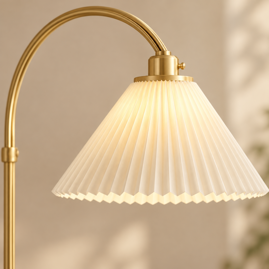 Fairford Pleated Arc Floor Lamp – close-up of the pleated shade
