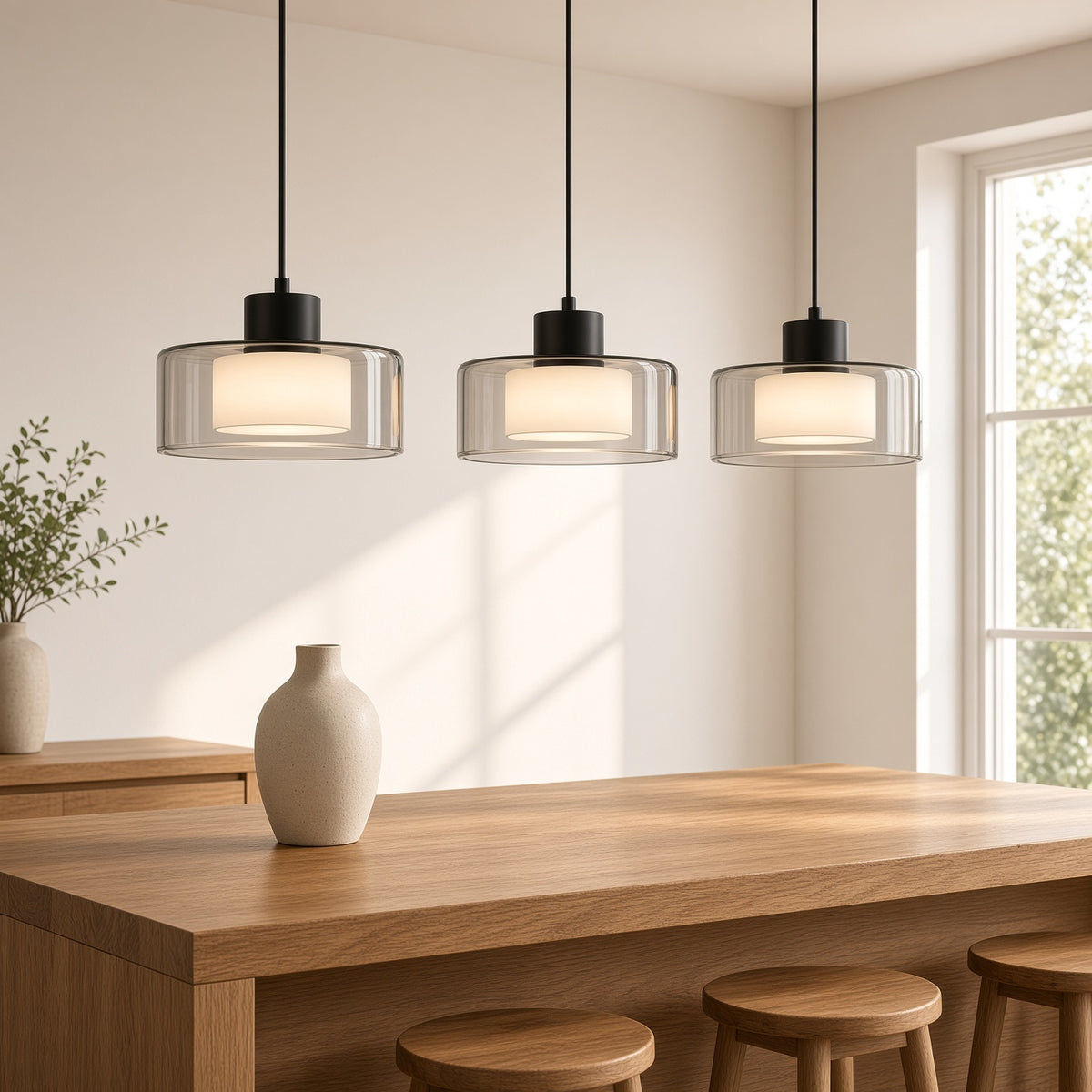 Fawley Smoked Glass Drum Pendant Light – a row over a kitchen island