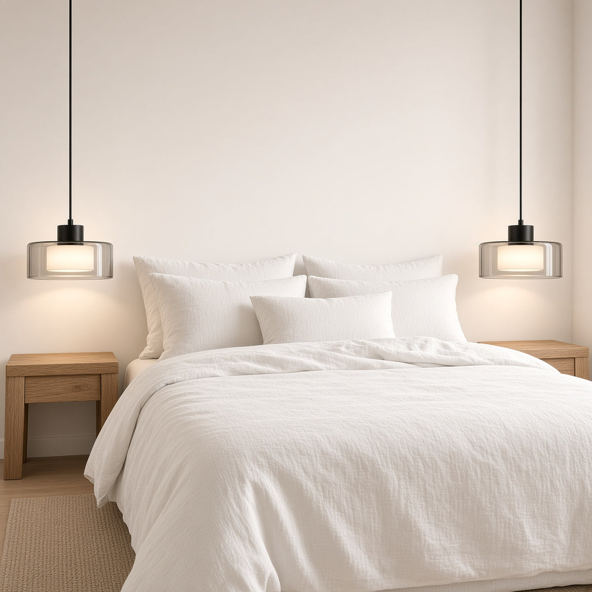 Fawley Smoked Glass Drum Pendant Light – hanging each side of a bed