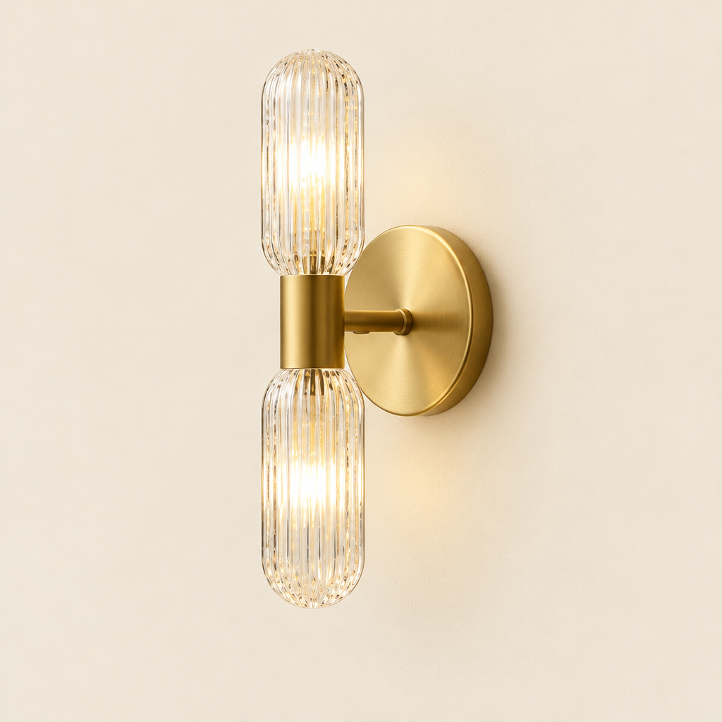 Fenton Ribbed Glass Wall Light – switched on, studio view