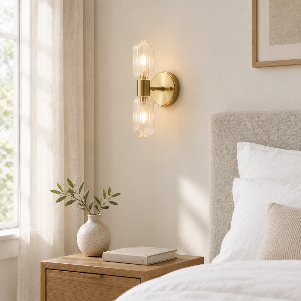 Fenton Ribbed Glass Wall Light – beside a bed in a calm bedroom