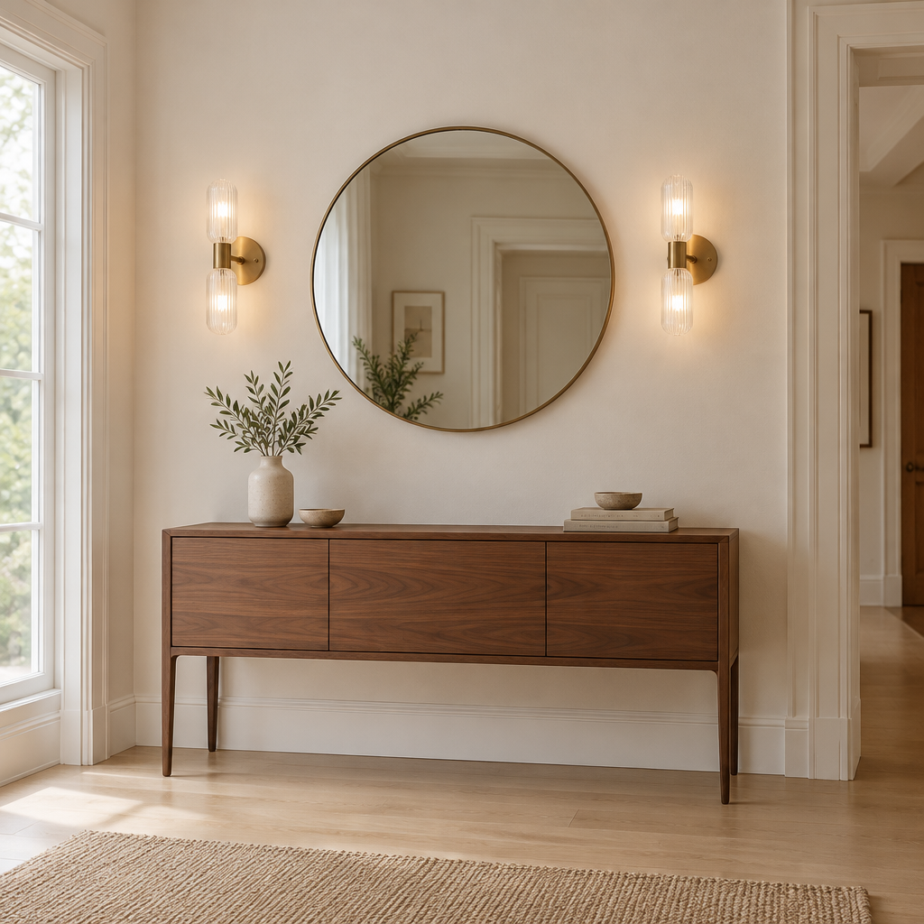 Fenton Ribbed Glass Wall Light – a pair flanking a mirror in a hallway