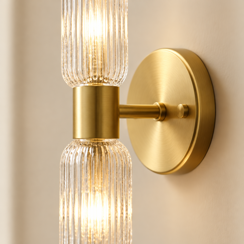 Fenton Ribbed Glass Wall Light – close-up of the ribbed glass shade and gold collar