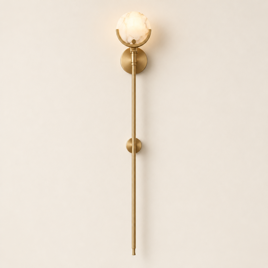 Finchale Alabaster-Effect Wall Light – switched on, studio view