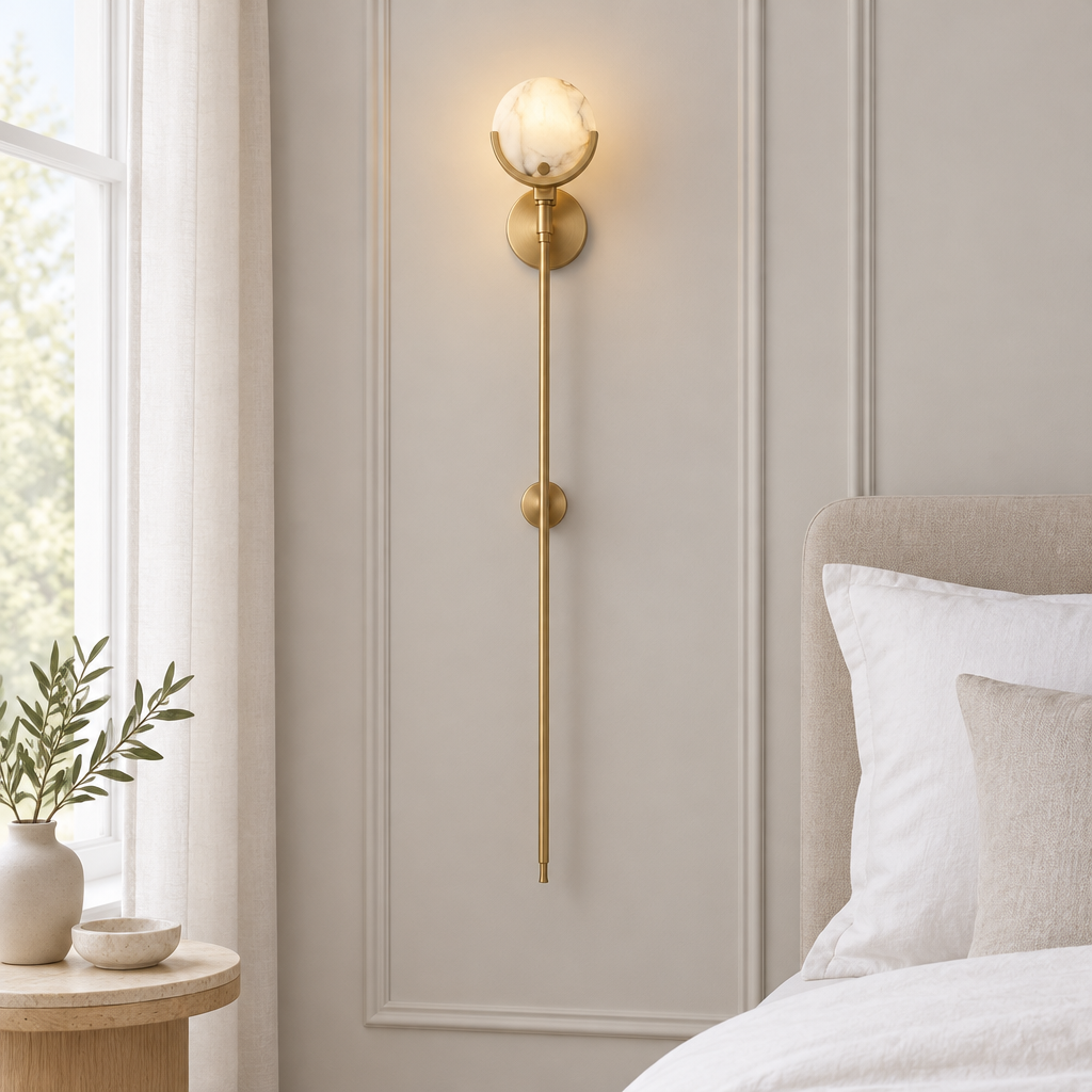 Finchale Alabaster-Effect Wall Light – on a panelled bedroom wall