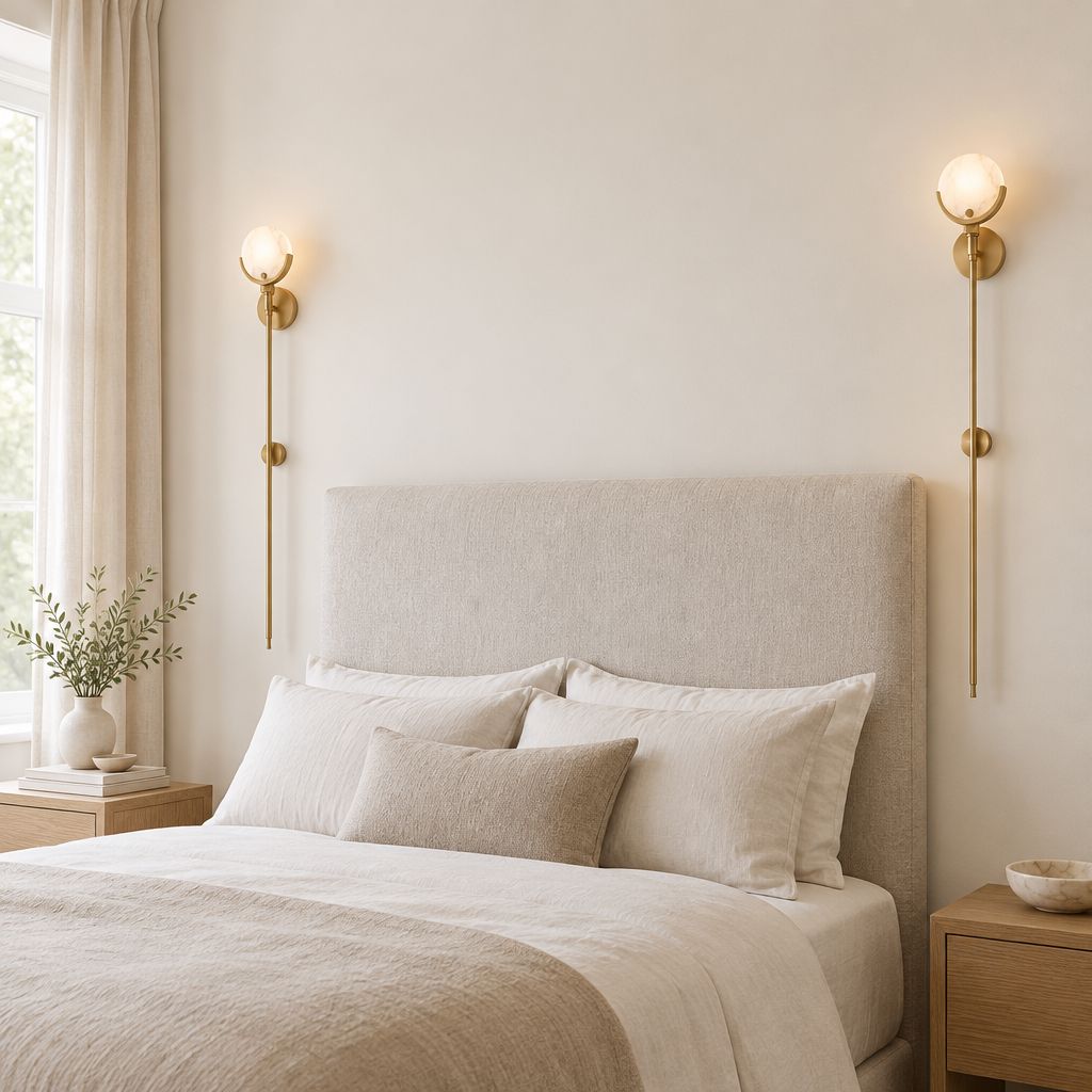 Finchale Alabaster-Effect Wall Light – a pair beside a headboard