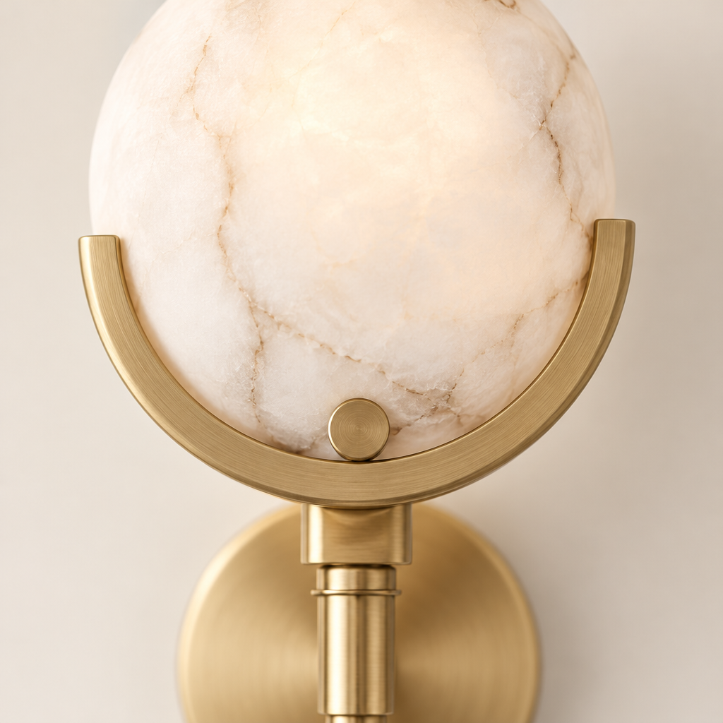 Finchale Alabaster-Effect Wall Light – close-up of the veined shade and gold crescent