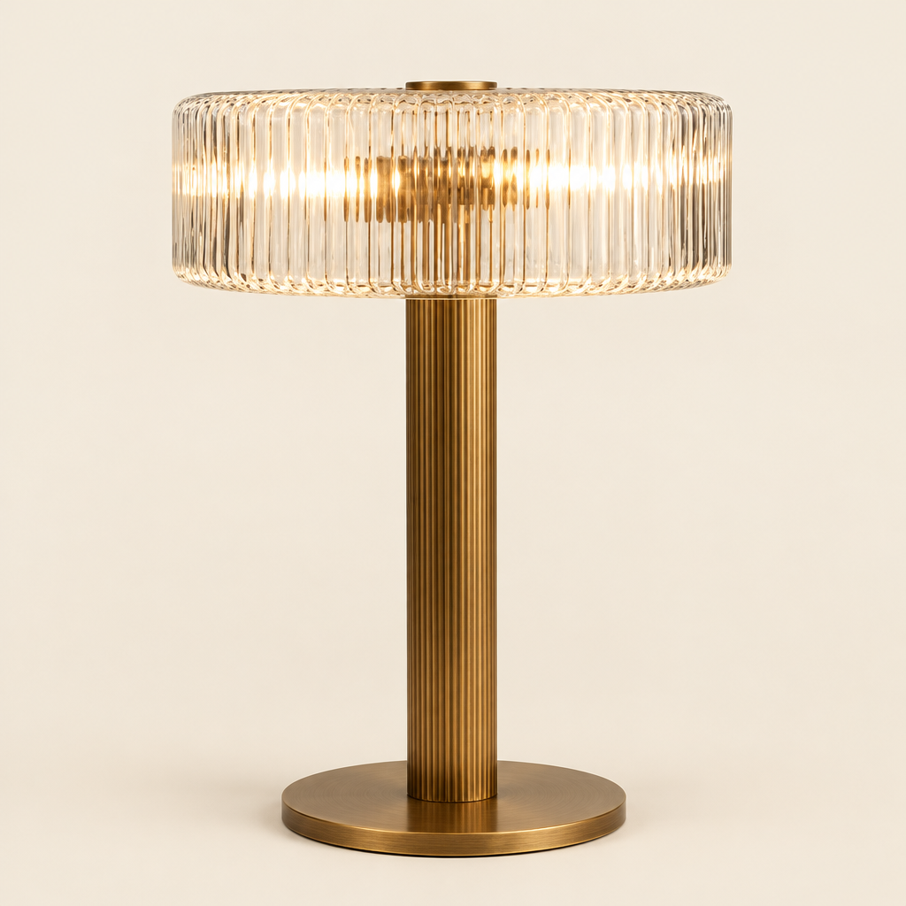 Fosse Ribbed Glass Table Lamp – switched on, studio view
