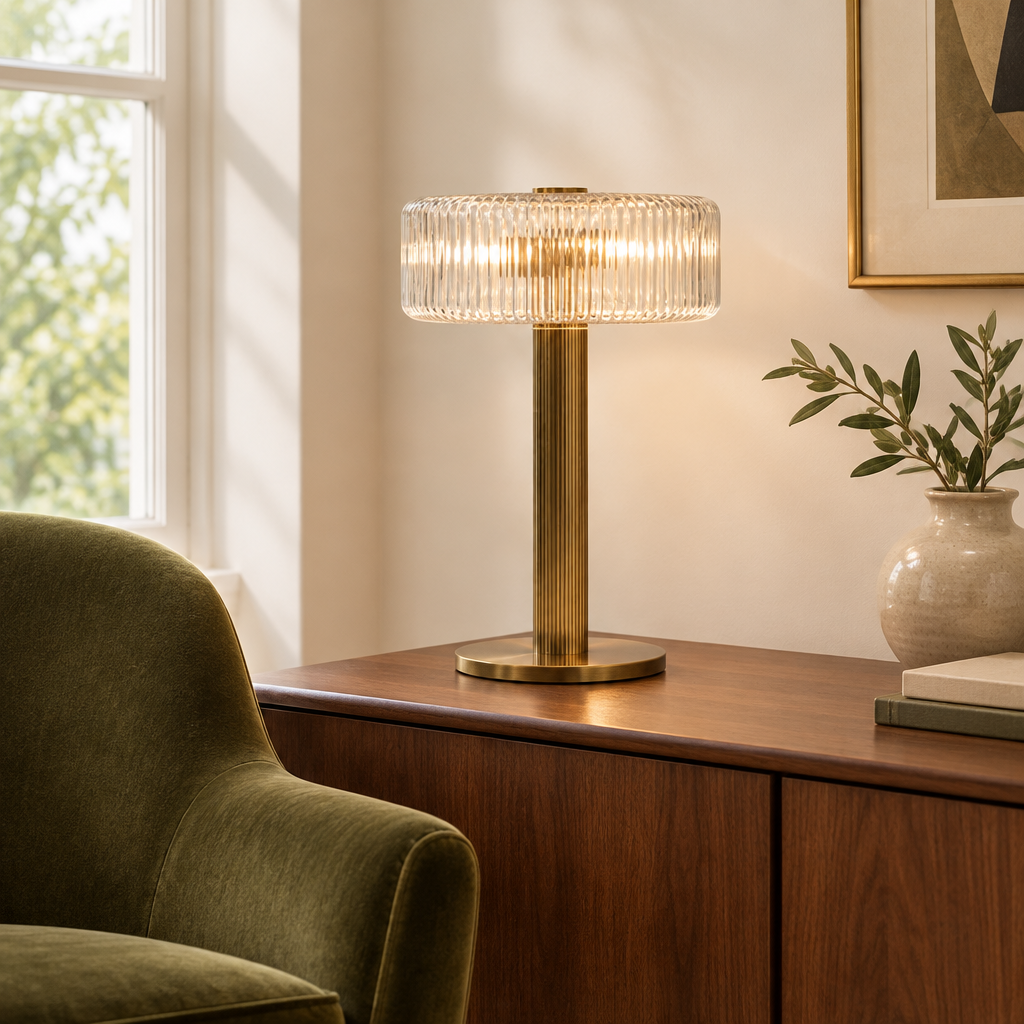 Fosse Ribbed Glass Table Lamp – on a walnut sideboard
