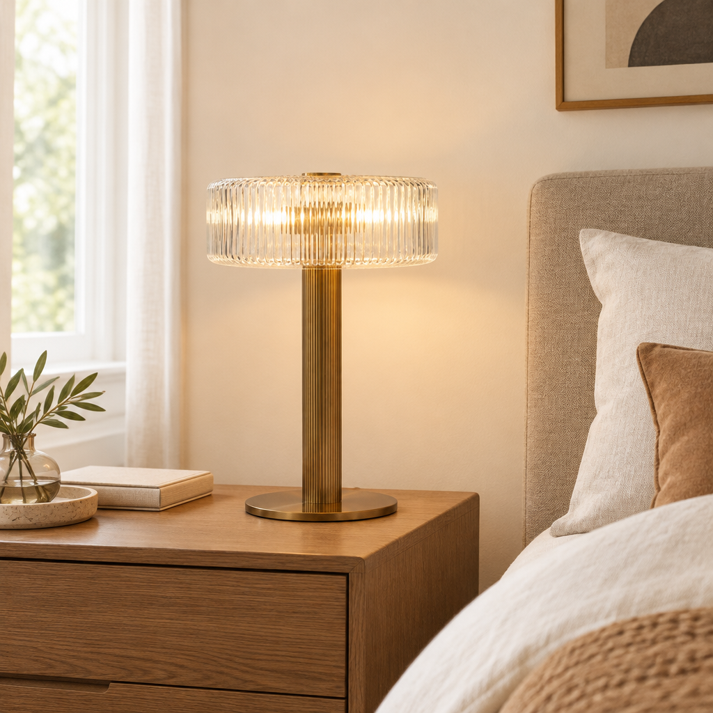Fosse Ribbed Glass Table Lamp – on a bedside table